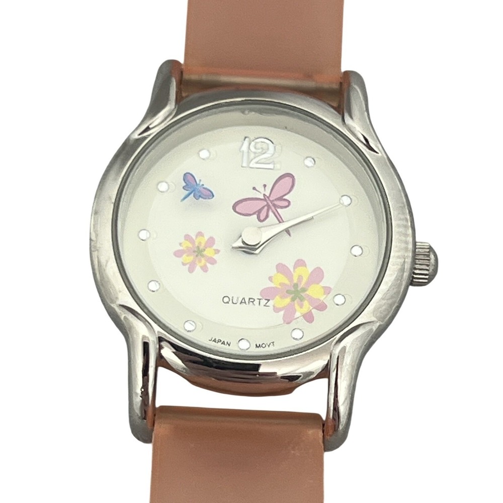 Cute Peach Silicone Strap Watch Floral Butterfly Dial Analog Quartz UNTESTED